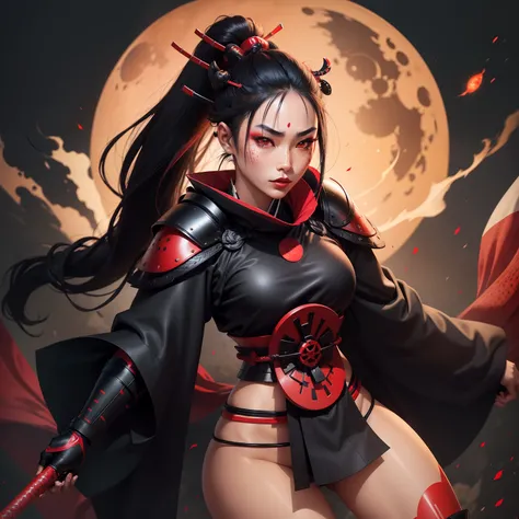 Female samurai warrior, jet black hair, dark skinned tanned, red black, bright moon, freckles on the face, red lipstick, full body, no extra hair, diamond shaped face, cover top, black eyeballs, geisha warrior, brown skinned