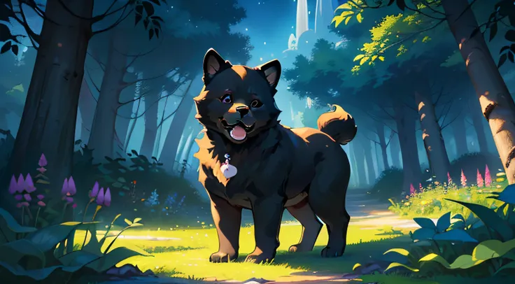 (master part, charming illustration of a cute black Chow Chow puppy in a garden:1.3), (Captivating representation designed to engage childrens imagination:1.2), (meticulously illustrated with attention to capture the adorable essence of the breed:1.2), (a ...