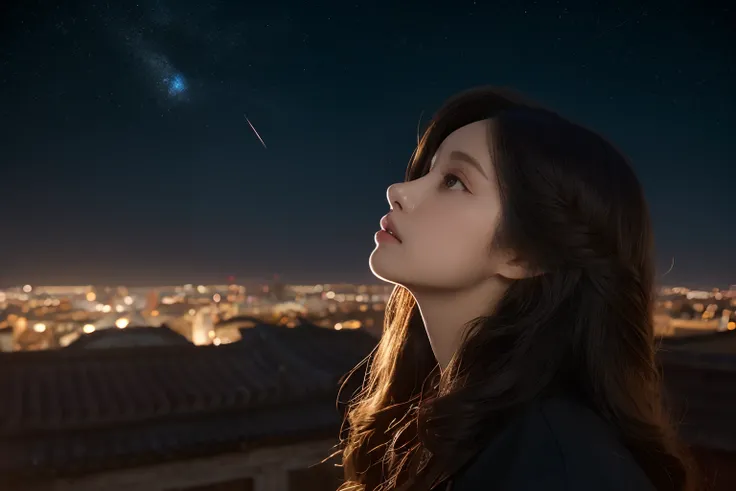 1girll，Long hair spread out，Autumn wind，Hair is floating in the wind，Ethereal beauty, Perched on the roof,Overlooking the city，Chinese ancient style，exteriors，the night，deep in the night，Blue starry sky，Starry sky in ancient China，The roof of the Forbidden...