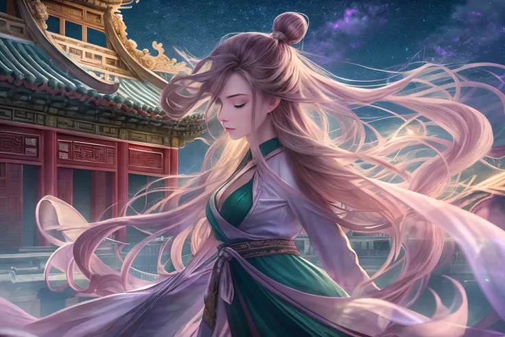 1girll，Long hair spread out，Autumn wind，Hair is floating in the wind，Ethereal beauty, Perched on the roof,Overlooking the city，Chinese ancient style，exteriors，the night，deep in the night，Blue starry sky，Starry sky in ancient China，The roof of the Forbidden...