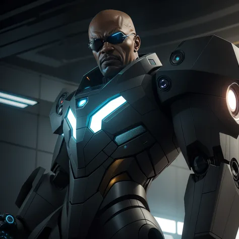 "An artistic depiction of Nick Fury transformed into a strategic and technologically advanced robot. The art style combines Nick Furys leadership and tactical expertise with the advanced design of a robot. The robot stands against a backdrop of a high-tech...