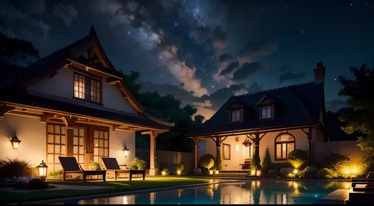 tranquil night, low angle shot, vibrant lush garden, sky with star lights on sky, very beautiful night, amazing, masterpiece