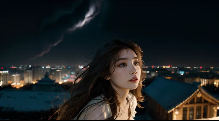 1girll，Long hair spread out，Autumn wind，Hair is floating in the wind，Ethereal beauty, Perched on the roof,Overlooking the city，Chinese ancient style，exteriors，the night，deep in the night，Blue starry sky，Starry sky in ancient China，The roof of the Forbidden...