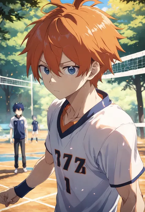 high res, masterpiece, Shouyou Hinata , orange hair, solo, 1boy, male, volleyball court, outside,blue sky, woods, , detailed eyes,