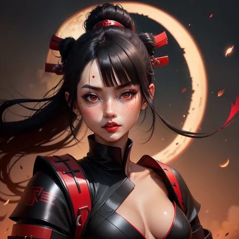 Female samurai warrior, jet black hair, dark skinned tanned, red black, bright moon, freckles on the face, red lipstick, full body, no extra hair, diamond shaped face, cover top, black eyeballs, geisha warrior, brown skinned