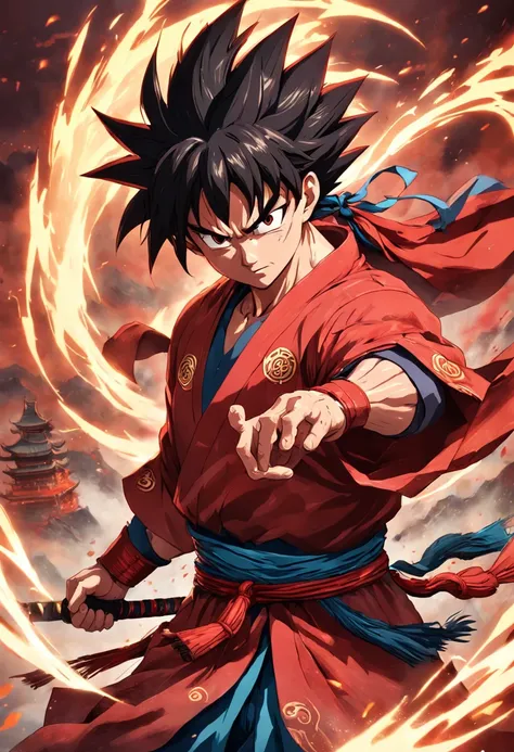 Goku as Chinese warrior in red battle robes, Estilo Dynasty Warrior, estilo anime CGI elaboradamente ornamentado, Luffy, 8k fantasia de efeito digital altamente detalhado, CGSetalidade 9, epic digital art illustration, e estilo Mumford e Alex Gray, biolumi...