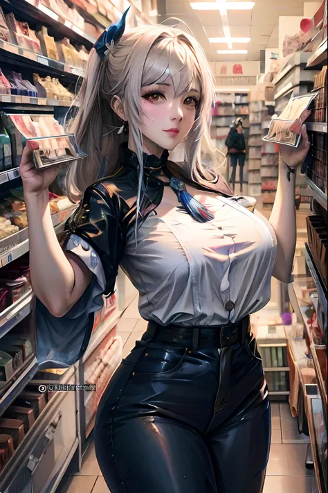 Hay una mujer en una tienda con mucha comida, Modelo IG | Artgerm, Guweiz en Pixiv Artstation, Arte detallado del anime digital, Artgerm extremadamente detallado, Guweiz en Artstation Pixiv, Tendencias en ArtStation Pixiv, Hermosa y seductora mujer de anim...