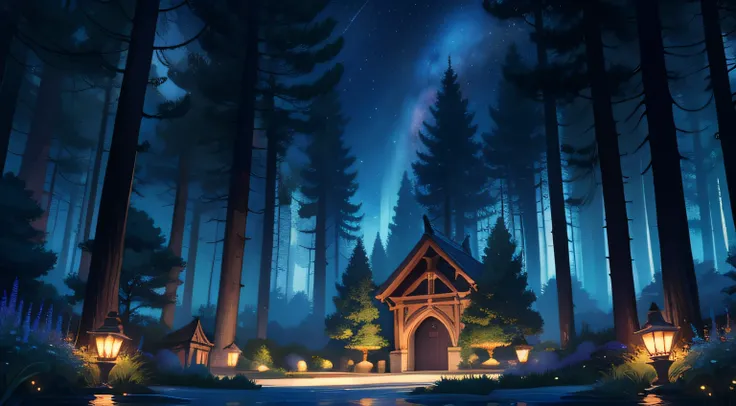 master part, charming illustration of a garden. in the nighttime, with a starry sky and towering trees. Add a touch of mystery and magic to the environment