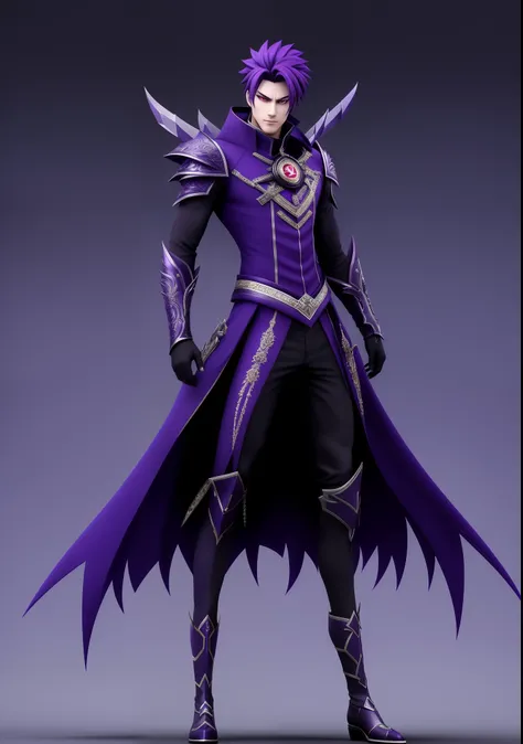 Full body male、３D,Like all demon princes, Dressed、Im pretty tall. I have purple hair tied in a ponytail, and red eyes with sharp silver pupils,. Im dressed fine, As befits the Prince of Hell, Although they are always black. My attitude is arrogant, proud, ...