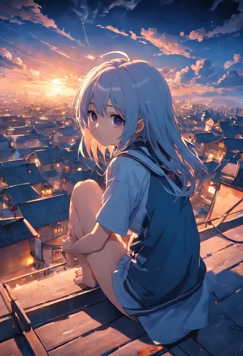 1 Outdoor girls， late， starrysky， in a panoramic view， scenecy， horizon， the roof， sitting on rooftop， ventania，（wide angles，Ultra HD details，Masterpiece, hyper HD, Super detail, High details, Best quality, A high resolution, Award-Awarded, 8K），（电影灯光）