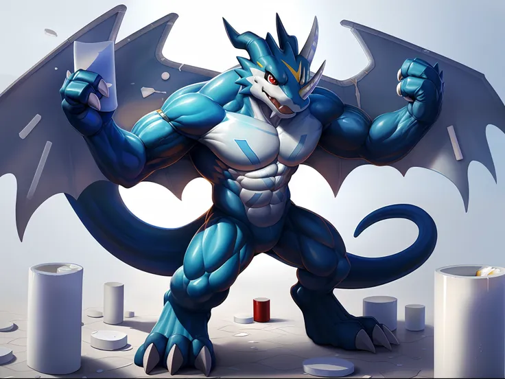 exveemon, ((lineart)), red eyes, anthro, scalie, featureless crotch, claws, blue skin, simple background, membranous wings, musc...