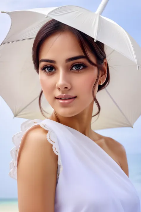 a close up of a woman holding a white umbrella over her head, attractive face, beautiful aesthetic face, beuatiful face, attract...