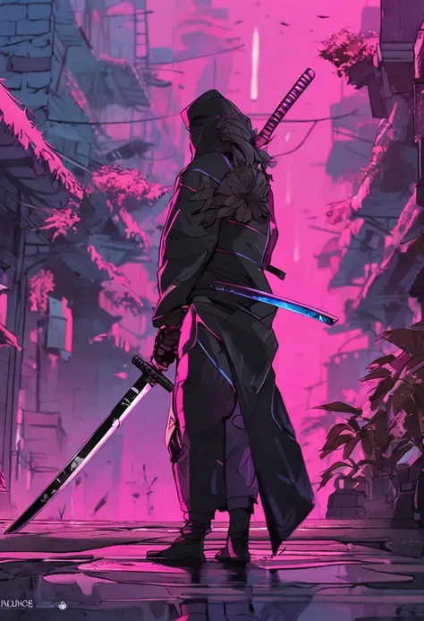 katana with a black aura and two sides color pink