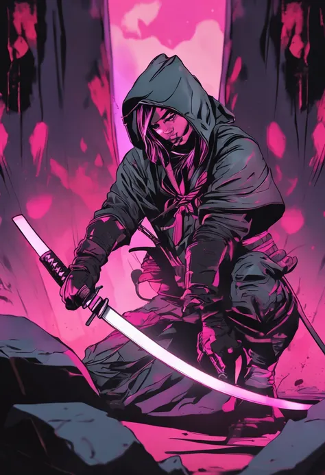 katana with a black aura and two sides color pink