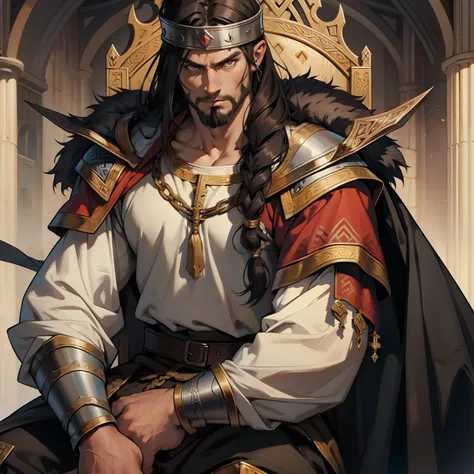 Viking Man. Berserker Man. Medieval art. Brown Eyes. Long Black Hair. King. Sitting on Throne