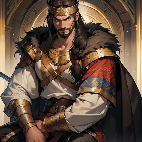 Viking Man. Berserker Man. Medieval art. Brown Eyes. Long Black Hair. King. Sitting on Throne