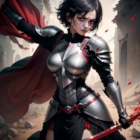 A powerful one, A strong female swordsman with short black hair and blood-red eyes in armor，The eyes were full of persistence and anger，，Highest image quality