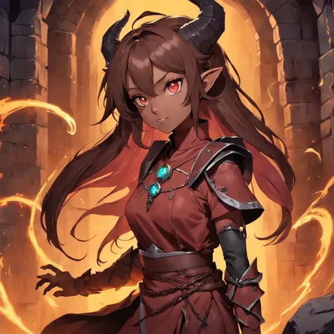 Dungeon and Dragons Tiefling Girl Brown Long Hair Artificer