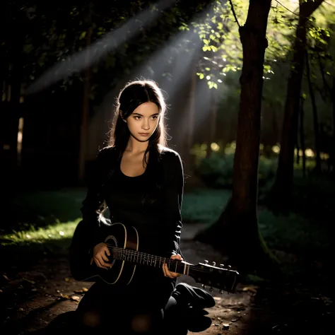 quiet nights:2，1 girl sitting under a large tree in the forest，holding a guitar in his hand，playing beautiful melodies, dimly li...