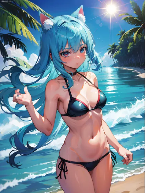 lightblue hair，teens girl，beachside，Bikini swimsuit，Close-up of panties，suns，Cat lady，The two hands turned into big cat paws，Zhang has a cat beard，Light close-up，Enhance the light，morningglow，Expose a little，Smooth skin