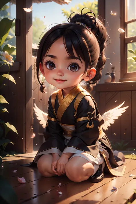 Kizi, Ink fairy, delicated, Light brown eyes, cabelos preto e longos, High ponytail, pigtails, Wings, Extreme light and shadow, Hanfu, palaces, Light, 8k wallpaper, Master painting, petals, lakes, bow and arrows, grin, Black eyes, swing, Perfect quality, C...