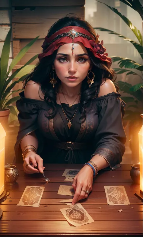 Create image of a beautiful gypsy woman holding a gypsy deck dramatic lighting, digital art trending on Artstation 8k HD high definition detailed realistic, circunstanciado, textura da pele, hiper detalhado, textura de pele realista, armadura, melhor quali...