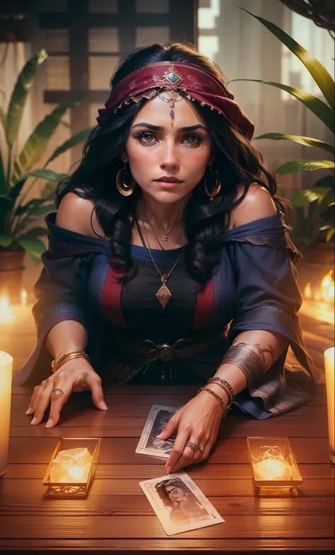 Create image of a beautiful gypsy woman holding a gypsy deck dramatic lighting, digital art trending on Artstation 8k HD high definition detailed realistic, circunstanciado, textura da pele, hiper detalhado, textura de pele realista, armadura, melhor quali...