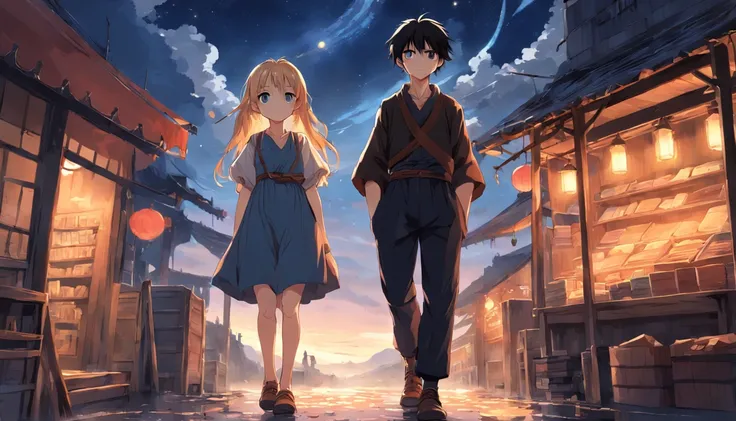 (an adventurous peasant boy, with sad countenance) and (a young peasant woman), wearing shoes, in a shop, anime style, book cover style, sunset as day gives way to night, a starry sky begins to rise above , surrounding image