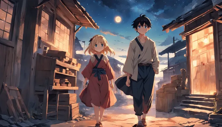 (an adventurous peasant boy, with sad countenance) and (a young peasant woman), wearing shoes, in a shop, anime style, book cover style, sunset as day gives way to night, a starry sky begins to rise above , surrounding image