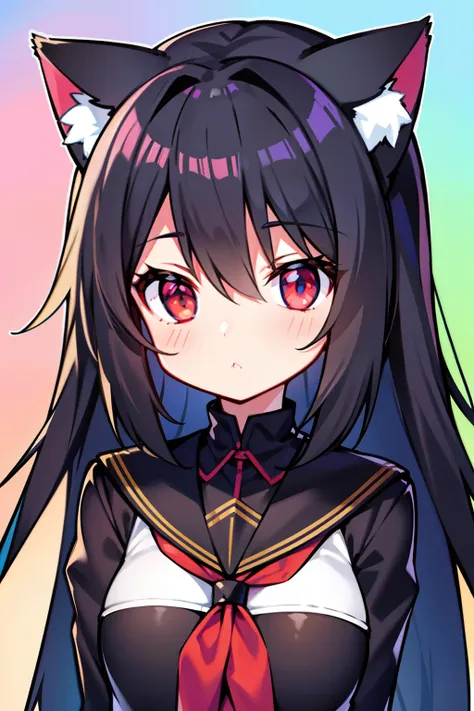 Black hair, Cat ears, Cat girl, Red eyes, Student clothes，