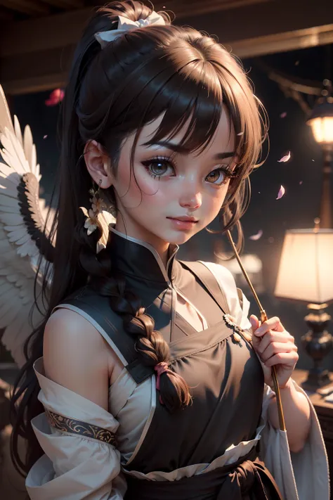 Kizi, With a puppy，Ink fairy, delicated, Light brown eyes, cabelos preto e longos, High ponytail, pigtails, Wings, Extreme light and shadow, Hanfu, palaces, Light, 8k wallpaper, Master painting, petals, lakes, bow and arrows, grin, Black eyes, swing, Perfe...