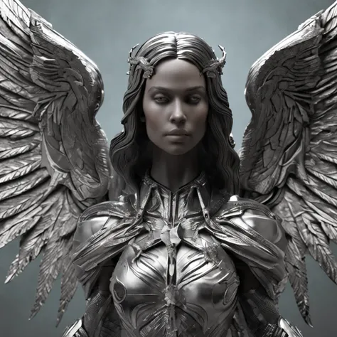 A closeup of a statue of an angel with wings, O Anjo da Morte, anjo da morte, unreal engine render + uma deusa, Vilania tem asas de anjo negro, the angel of death with a halo, angel in plastic armor, flowing white robes, Retrato do Anjo da Morte, angel kni...