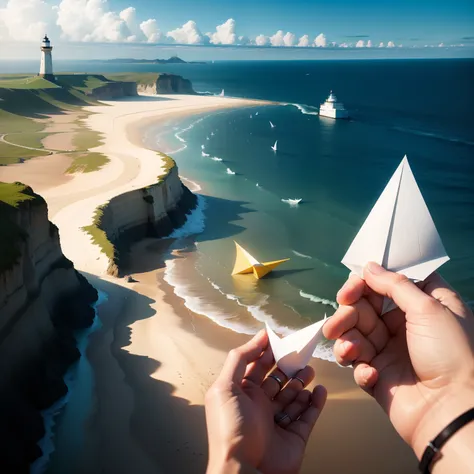 Paper airplanes，the sea，lighthouse