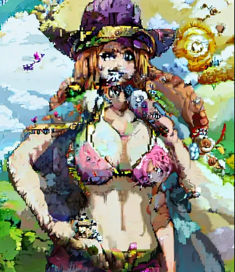 A woman in a hat and bikini top holding a bird, from one piece, In the one piece, one piece, real life big mom, In the of a piece, one piece artstyle, inspirado em Eiichiro Oda, with straw hat, Estilo One Piece, Nos, fanart requintada altamente detalhada, ...