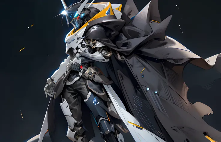 Giant exoskeleton robot，Strong posture，hight contrast，Black and white body，Starry sky color，Blue energy light，Kamen Rider，Cloak，Skirt，mechanical sense，Full coverage armor。