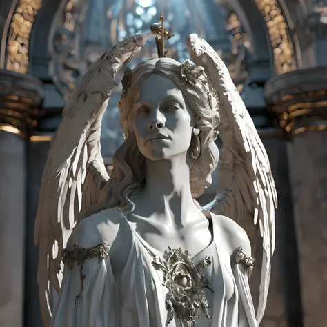 A closeup of a statue of an angel with wings, O Anjo da Morte, anjo da morte, unreal engine render + uma deusa, Vilania tem asas de anjo negro, the angel of death with a halo, angel in plastic armor, flowing white robes, Retrato do Anjo da Morte, angel kni...