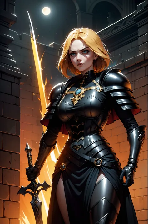 An adult female warrior character wearing a very detailed and beautiful Gothic armor. Her hair has a short cut and a golden color. Possui um elmo para proteger o rosto e o uso de uma espada apontando para frente ordenando que o ataque comece. Around her a ...