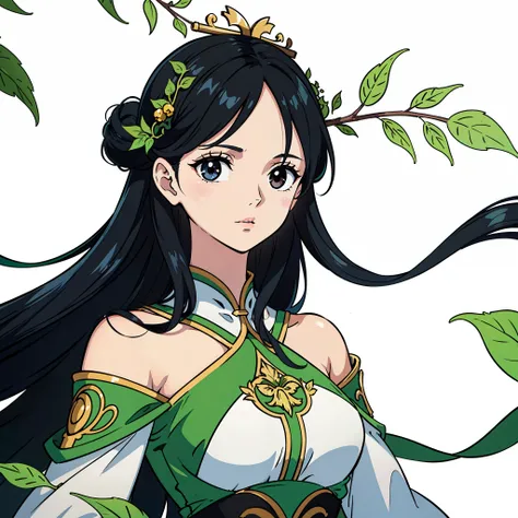 1girl, goddess, goddess of nature, beautiful, black hair, long hair, black eyes, floating hair, sexy, nature dress, green leaves, vines, white background, upper body, close up, masterpiece, best quality, high detailed illustration