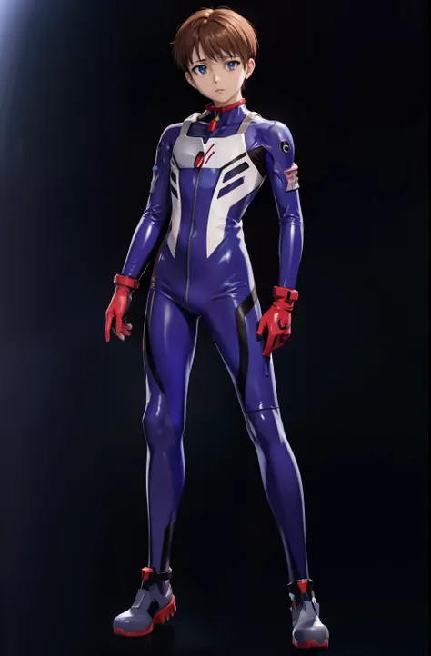 shin evangelion，shinji，blue latex combat suit，tightsuit，male people，full body photo，are standing，muscular body