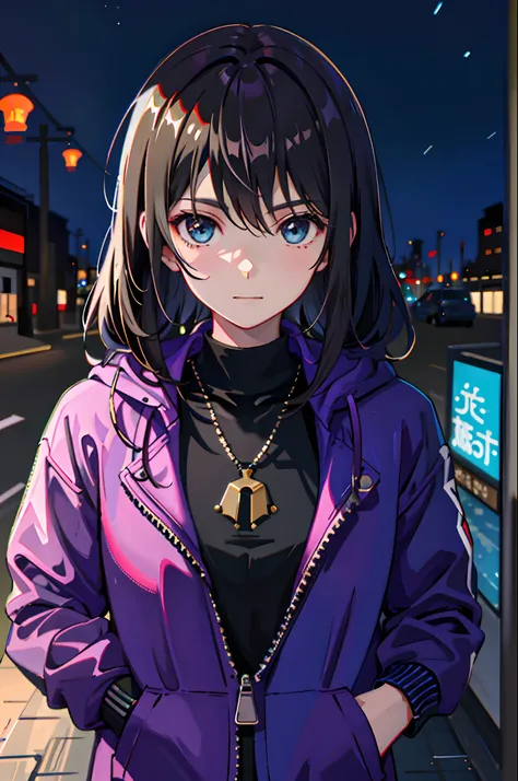 1girll，jaket，Sateen，the night，exteriors，hoody，Open jacket，chain，backpacks，Look at the other person，messy  hair，Trends on ArtStation，8K分辨率，The is very detailed，anatomically correcte，Sharp images，digitial painting，concept-art，Trends on pixiv，Estilo de Makoto...