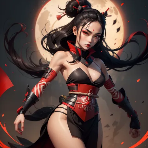 Female samurai warrior, jet black hair, dark skinned tanned, red black, bright moon, freckles on the face, red lipstick, full body, no extra hair, diamond shaped face, cover top, black eyeballs, geisha warrior, brown skinned, sexy hair style