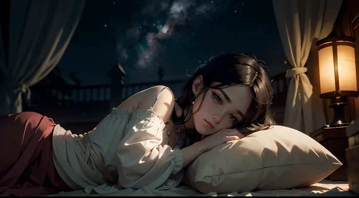 A quiet night，starry sky bright，On the roof sat a girl。She quietly looked up at the starry sky，Enjoy this peaceful evening，The girl wears a light dress，The skirt flutters gently in the wind，Her long hair shimmered in the moonlight，Exudes a fresh breath，Twi...