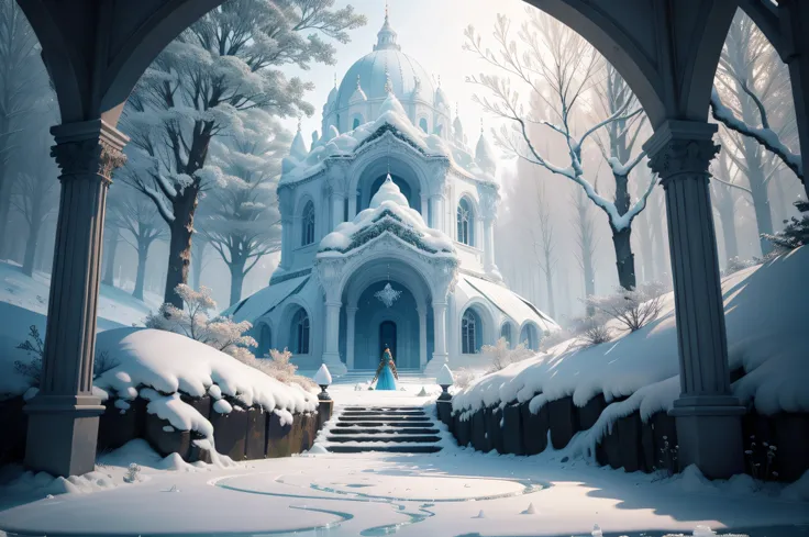 Garden of a beautiful ice palace, paisagem deslumbrante com ambiente nevado e esculturas de gelo nas laterais ultra realista e floresta de inverno ao fundo, com um trono de gelo na frente, ultra realista 4k