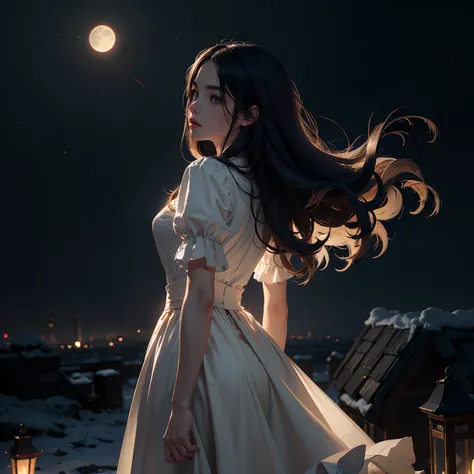 A quiet night，starry sky bright，On the roof sat a girl。She quietly looked up at the starry sky，Enjoy this peaceful evening，The girl wears a light dress，The skirt flutters gently in the wind，Her long hair shimmered in the moonlight，Exudes a fresh breath，Twi...