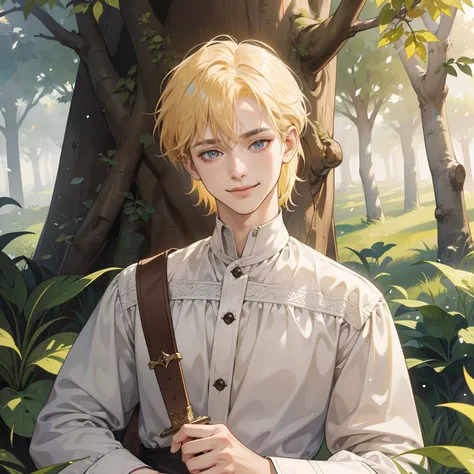 High quality, super detailing, masterpiece, picturesque colors, perfect face, super detailing of emotions,  in the Middle Ages, medieval, anima, style, scene from the movie: a man with wavy short yellow blode hair and shining gray eyes in an old shirt, per...