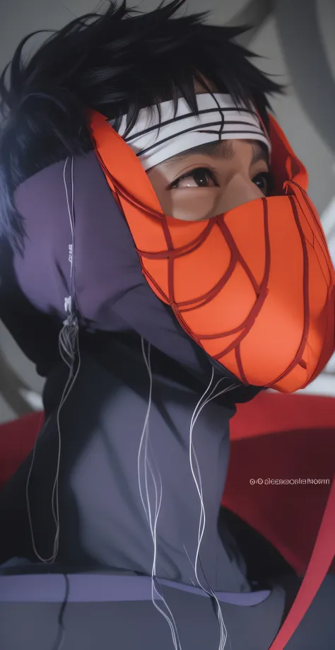 uchiha obito, anime naruto, with short hair, wearing the broken mask. wearing full black base layer until his neck. wearing a wh...