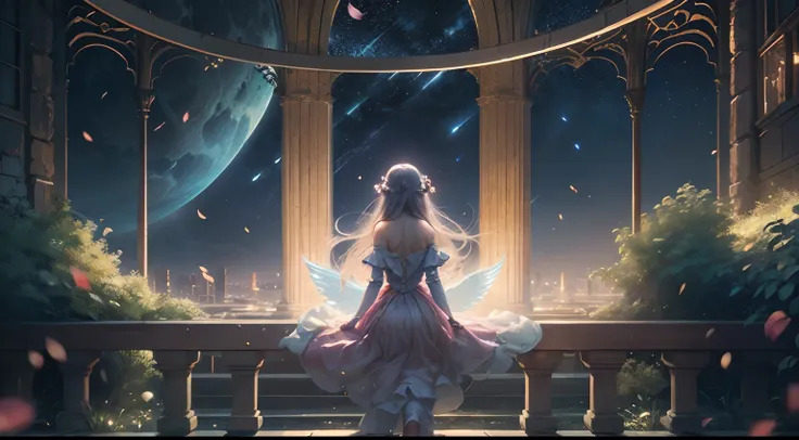 A quiet night，starry sky bright，On the roof sat a girl。She quietly looked up at the starry sky，Enjoy this peaceful evening，The girl wears a light dress，The skirt flutters gently in the wind，Her long hair shimmered in the moonlight，Exudes a fresh breath，Twi...