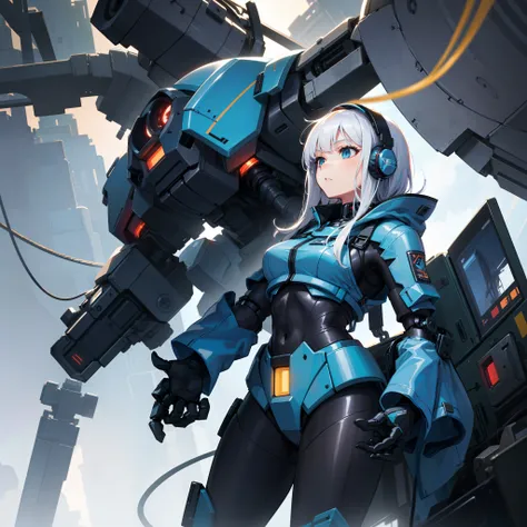 Mechanical elements，White-haired girl，blue color eyes，Blue headphones，Wearing a heavy mech suit，Sci-fi sense，The background is the Earth