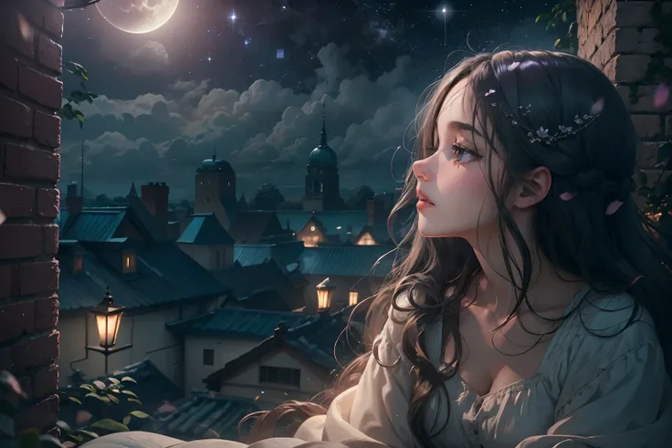 A quiet night，starry sky bright，On the roof sat a girl。She quietly looked up at the starry sky，Enjoy this peaceful evening，The girl wears a light dress，The skirt flutters gently in the wind，Her long hair shimmered in the moonlight，Exudes a fresh breath，Twi...