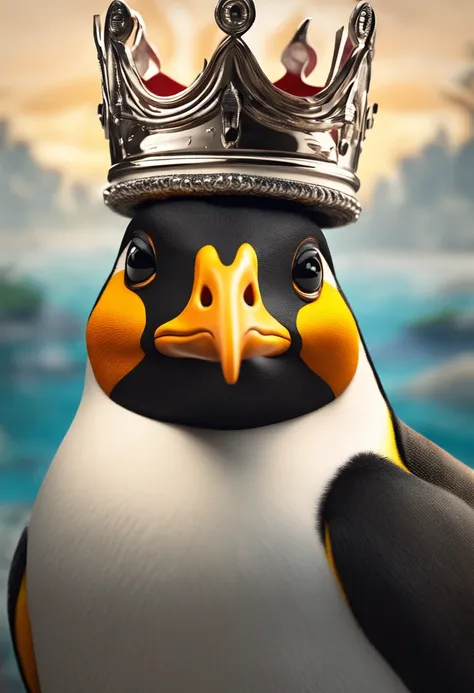 Face of a king penguin with a crown on its head in a close-up in cartoon format